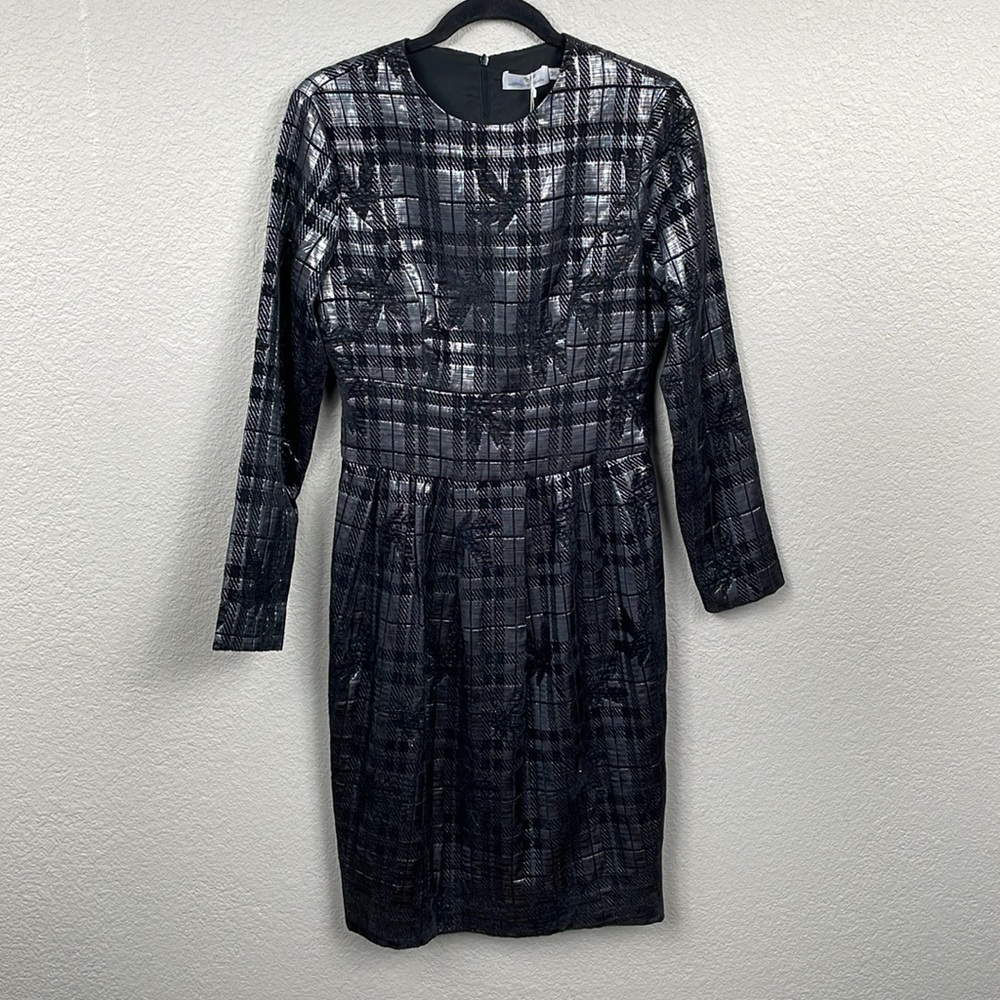 NWT Sabrina Lachapelle Textured Plaid Brocade Metallic Long Sleeve Dress Sz 36